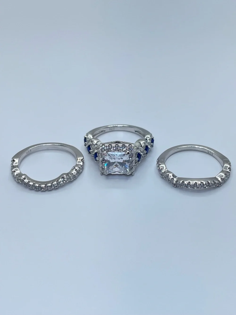925 Sterling Silver Cushion Cut Diamond Sapphire R3 Band Wedding Ring‎ Set 5